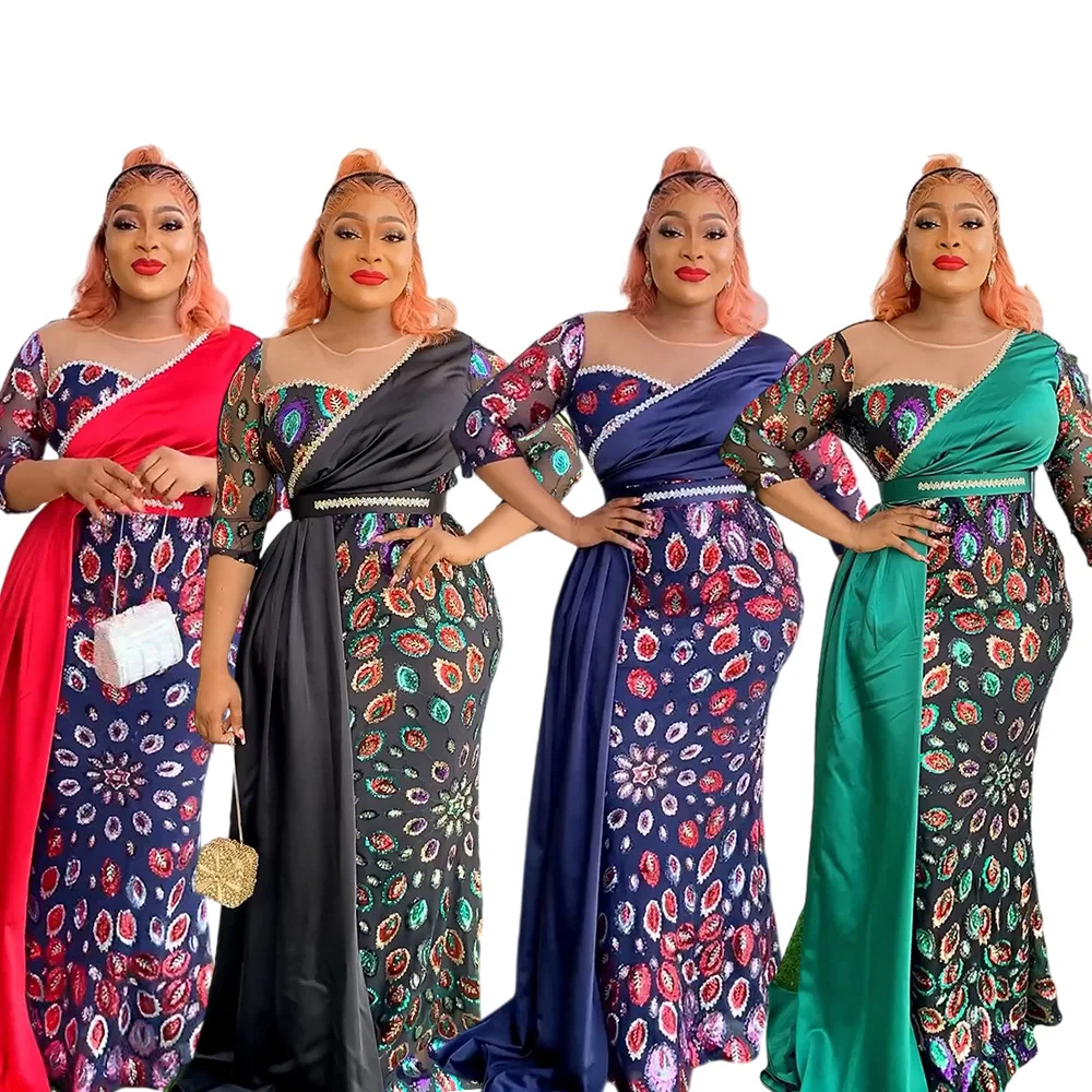 

African Party Long Dresses for Women 2024 New Plus Size Dashiki Ankara Sequin Evening Gowns Turkey Outfits Robe Africa Clothing