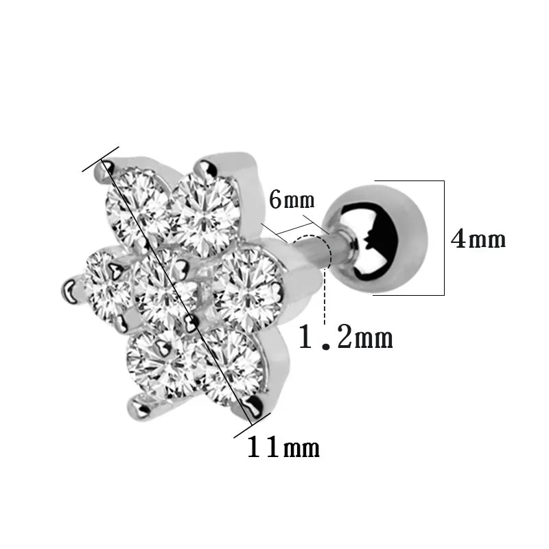 1Pc  Fashion Stainless Steel Mini Zircon Flower Cartilage Piercing Studs Earrings Tragus Piercing Earring For Women Man Jewelry