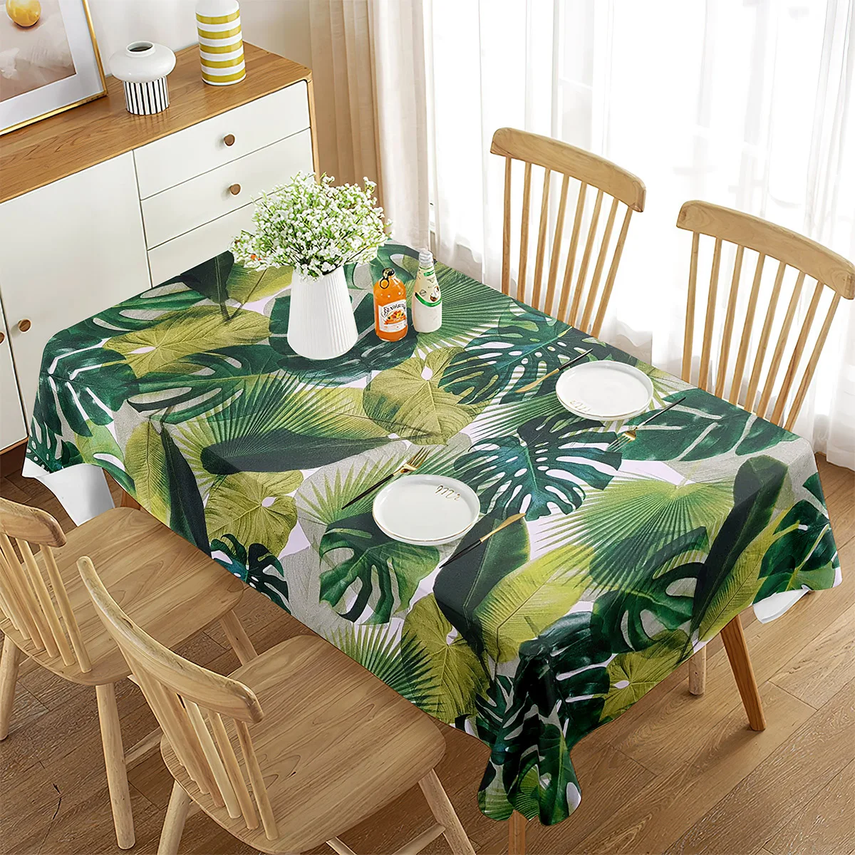 Tropical Palm Leaf Rectangle Tablecloth Holiday Party Decoration Waterproof Fabric Tablecloth Kitchen Dining Table Wedding Decor