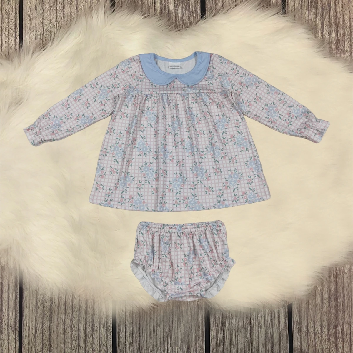 

Infant Baby Girl Toddler Flowers Bows Set Children Long Sleeves Tops Blue Cotton Bummie Shorts Kids Two Pieces Outfit Wholesale