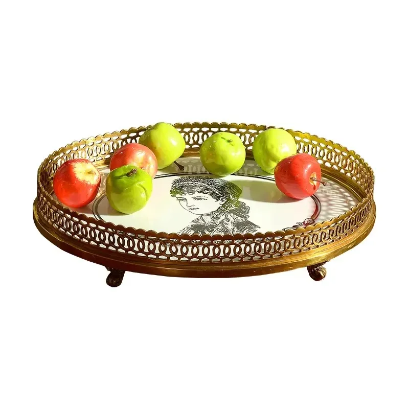 European Luxury Brass Blue White Ceramic Large Fruit Plate Creative Home Decor Ornament Villa Art Craft