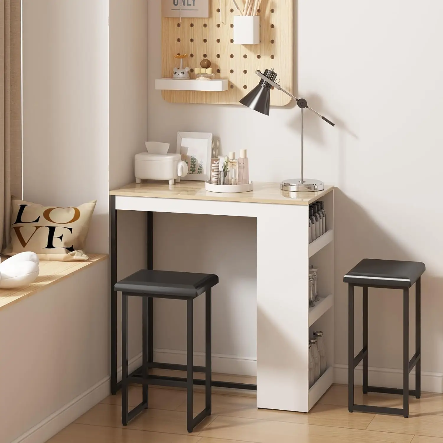 

Dining Table Set - Kitchen Bar Table with Storage, Small Dining Desk with 2 Stools, Kitchen Island with Seating Counter Height