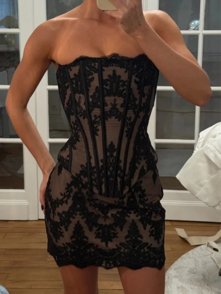 ชุดกระโปรงคอร์เซ็ตลูกไม้เกาะอก - Sexy Mesh Sheer Bodycon Dress บทวิจารณ์และราคา