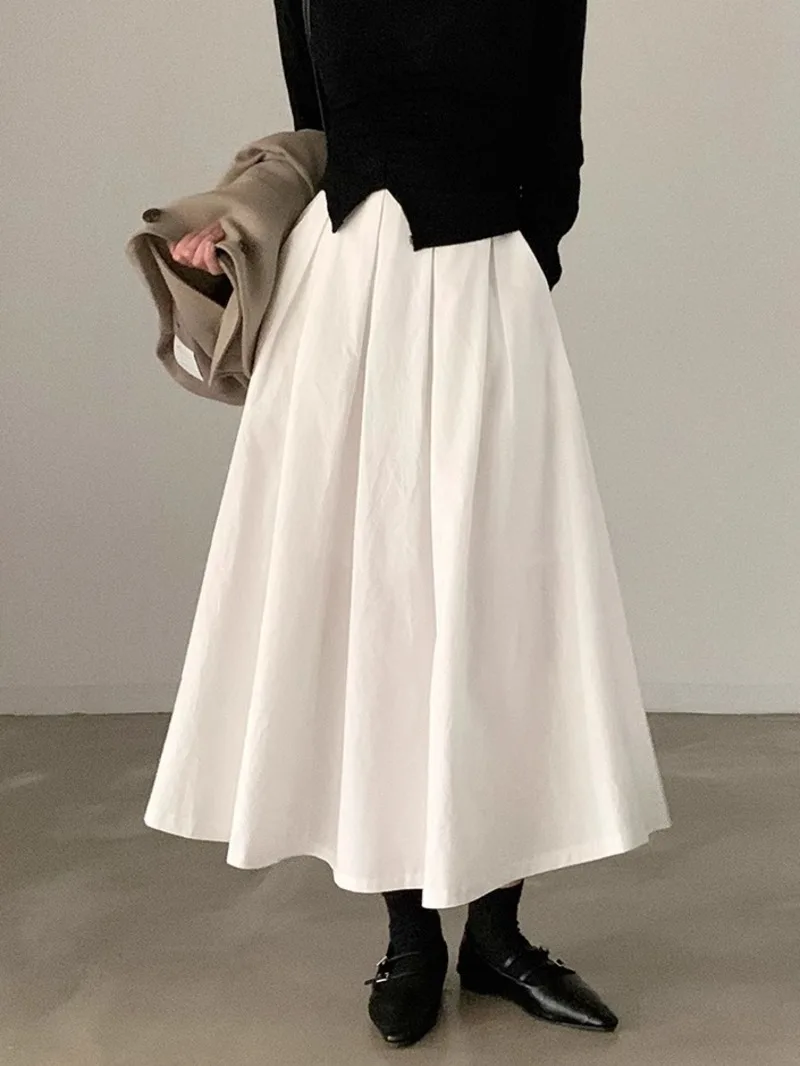 

White Korean Sle Chic Simple Mid-Length A-Line Skirt Half Body Skirt Commute High Waist Loose Fit Pure Color Long Skirt 3YEV