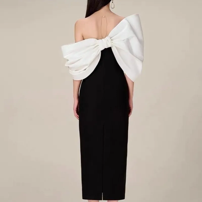 2025 Vietnam Spring and Autumn Design New Big Bow High Waist Tube Top Black White Color Matching Hip Straight Dress For Women