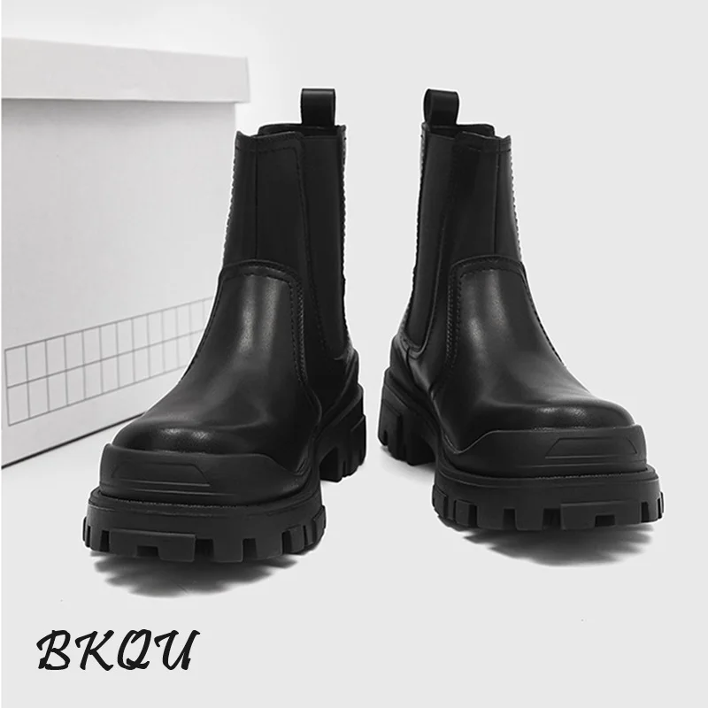 BKQU British Style Design Sense Black High-grade Chelsea Boots Men 2024 Fall Trend Thick Sole Increase Smoke Boot Car Stitch