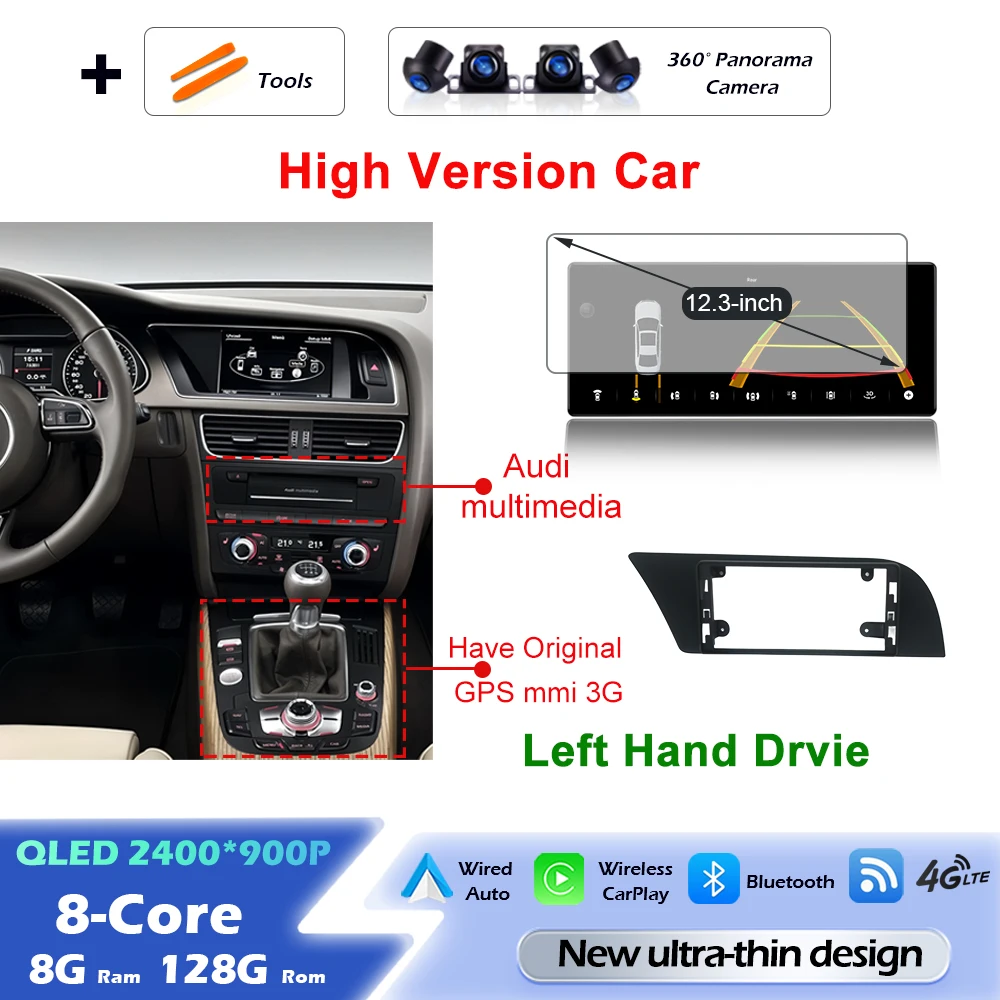 Android 16 draadloze Carplay autoradio multimediaspeler GPS navigatie ultradunne scherm DSP stereo WiFi voor Audi A4 B8 A5 2009 - 2016