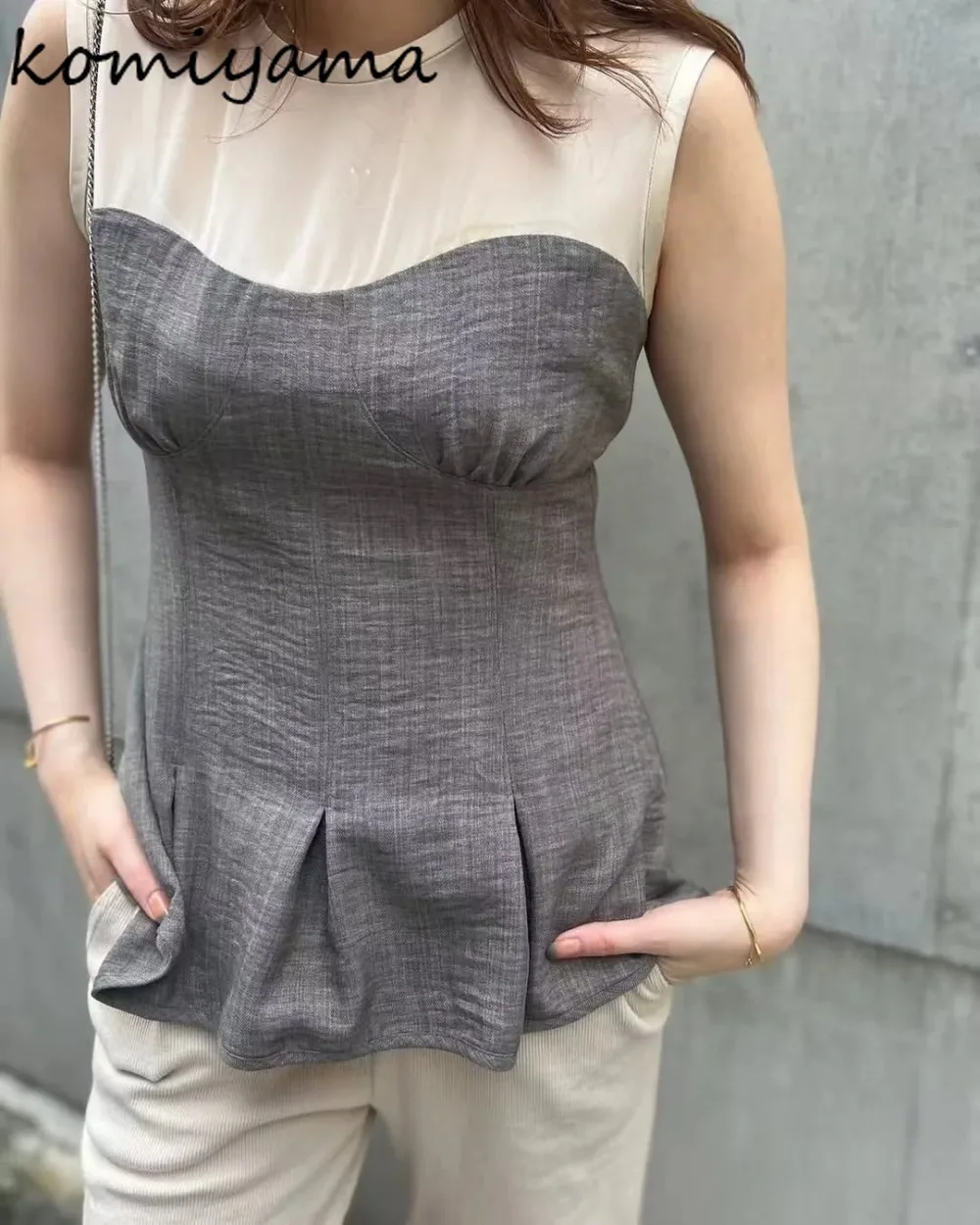 

Japan Mesh Spliced Woman 2025 Shirts & Blouses O-neck Sleeveless Blusas Hit Color Ropa De Mujer Camisas Summer New Clothing