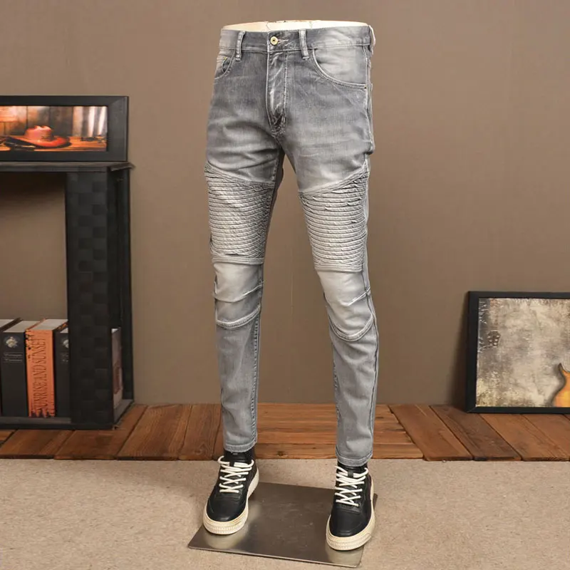 Celana Jeans pria mode jalan, celana Jeans Denim melar Slim Fit Retro, celana pensil pengendara sepeda motor desainer tambalan untuk pria