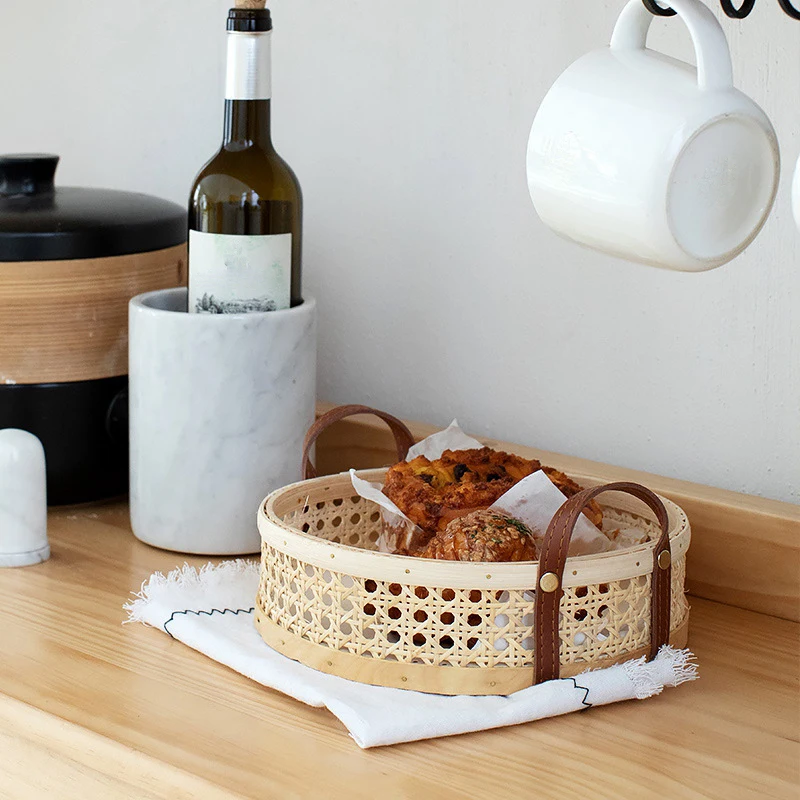 

ABWR-Rattan Woven Storage Basket Home Living Room Round Placing Tray For Fruit Bread Breathable Desktop Organizer