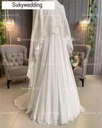 Fashion Muslim Hijab Wedding Dress with Lace Cape Long Sleeve Chiffon Appliques Arabic Dubai Bride Gown Vestidos Customized