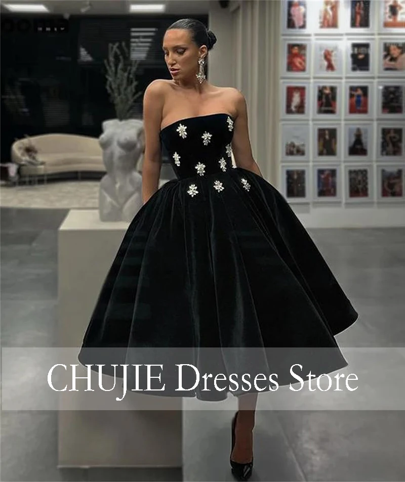 

Black Velout Prom Dresses 2026 Strapless Crystal Pleated Velour Saudi Arabia Formal Party Dresses A Line Tea Length Evening Gown