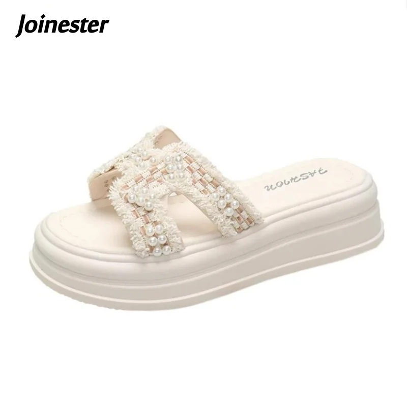 

Women Open Toe Trifle Heel Fashion Slippers with Artificial Pearls Summer Holiday Beach Slides Leisure Dress Slipper for Girls
