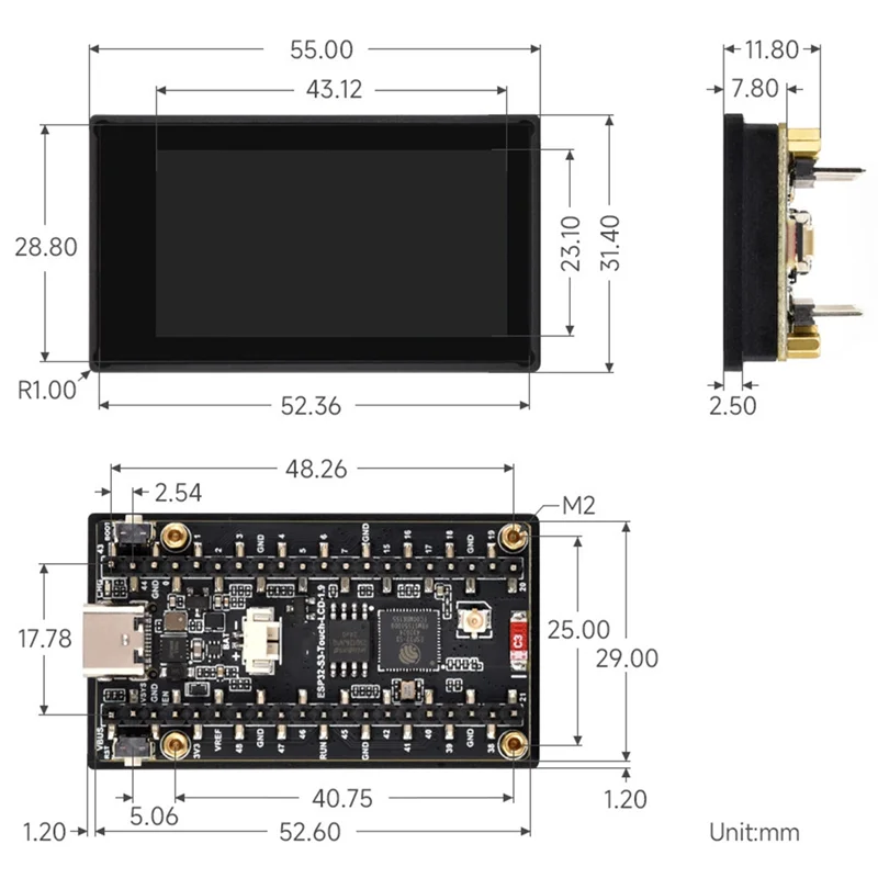 M16K-ESP32-S3 1,9-Zoll-Touchscreen-Entwicklungsplatine 32-Bit LX7 Dual-Core-Prozessor, 170 x 320 Pixel-Bildschirm, 262K-Farben