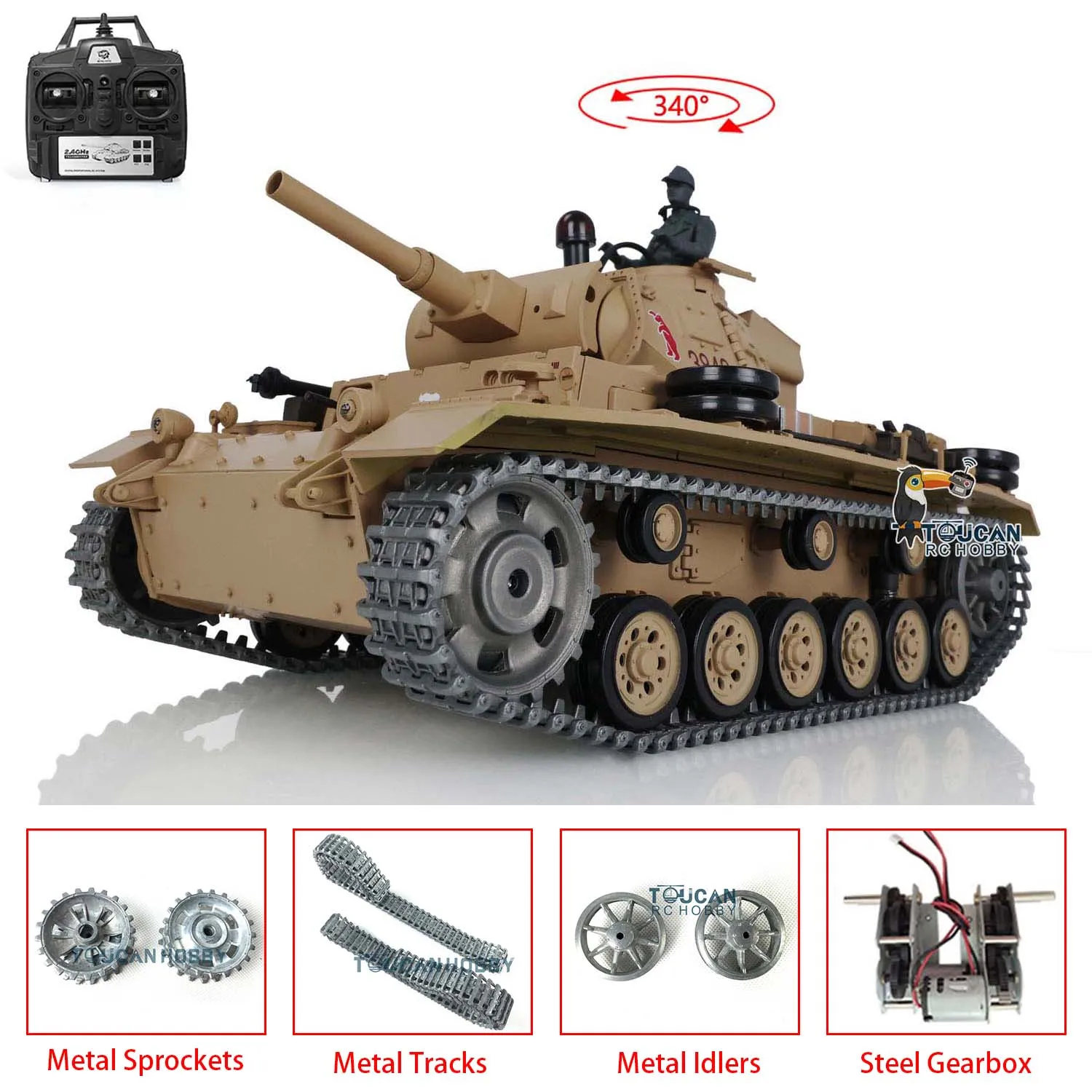 Heng Long 1/16 Scale 7.0 อัพเกรดเยอรมัน Panzer III H RTR RC Battle Tank 3849 โลหะแทร็กรถยนต์ของขวัญ TH17366