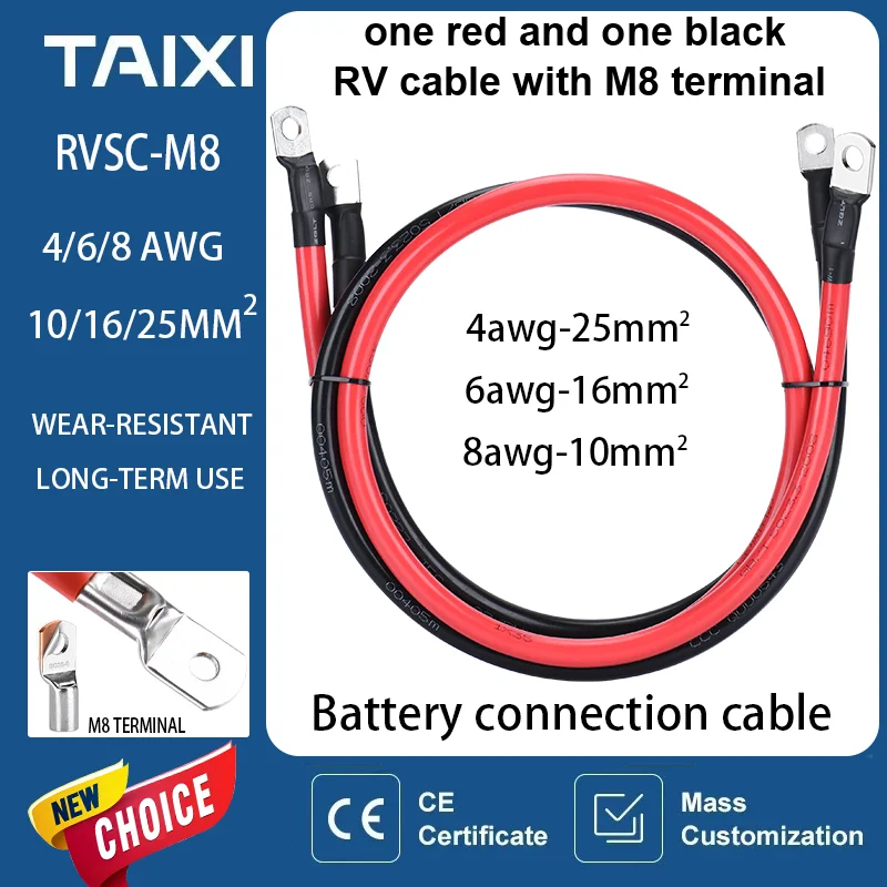 

Battery Inverter Connection Cable M8 Terminals 12V 24V 48V 72V 500V 600V RV Copper Wire Cable 8/6/4 AWGCar Battery UPS