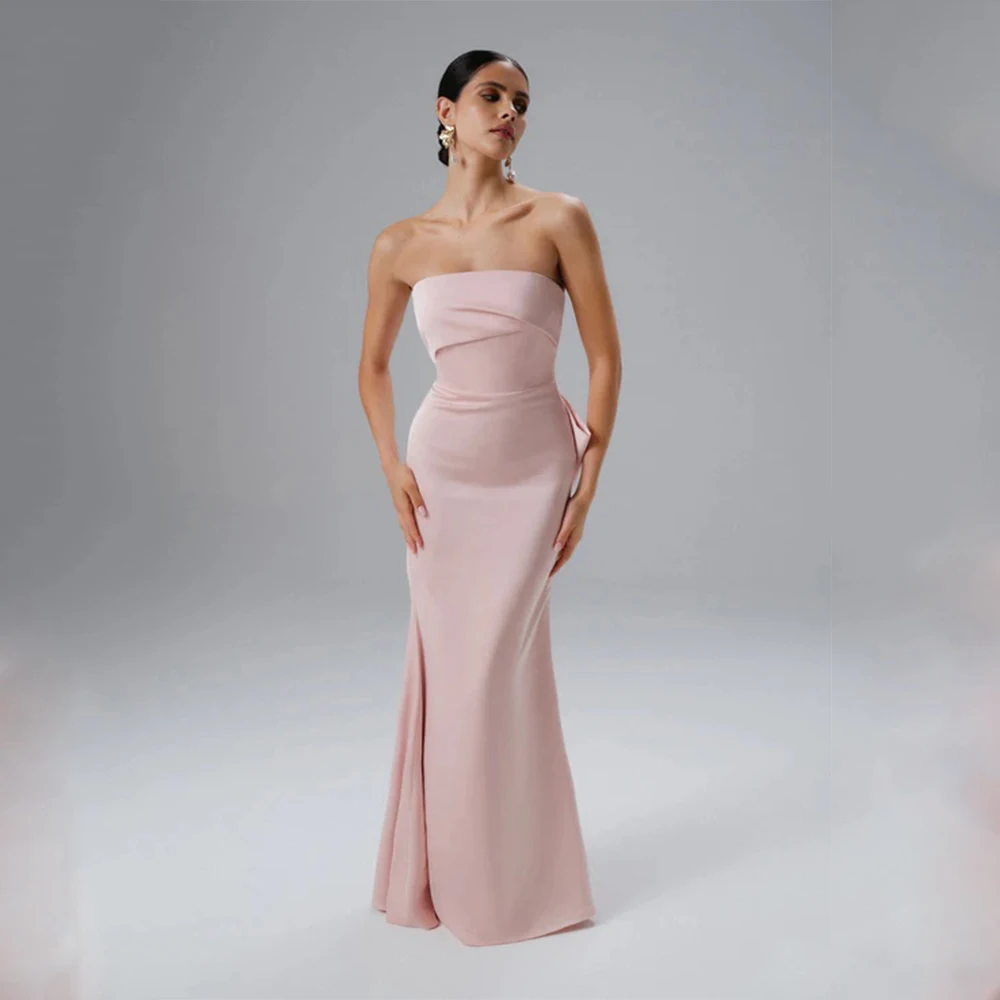 Customized Casual Jersey Pleat Bow Straight Strapless Long Dresses Bespoke Occasion Dresses Simple Modern Style Sizes Available