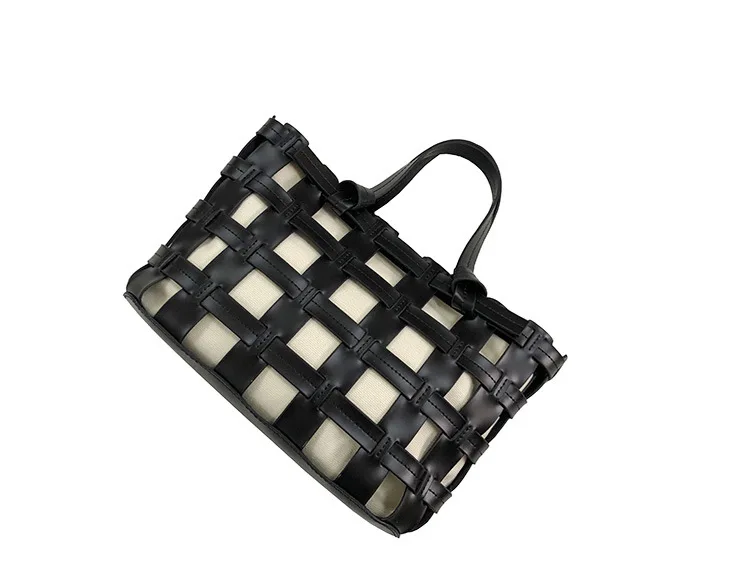 FIRMRANCH Korean INS Trendy Portable Vegetable Basket Advanced Hollow Out Design Square Tote Cowhide Weave Stylish Purse Female