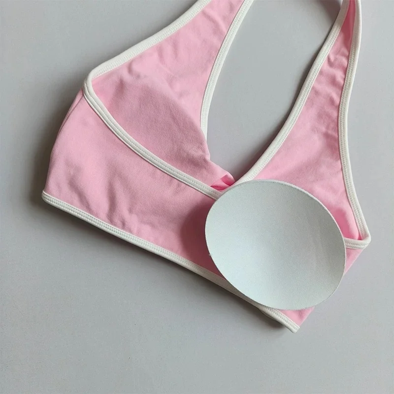 Damen-Yoga-BH mit Halterneck und Farbblock-Design, herausnehmbare Brustpolster, schnelltrocknendes Sport-Top für das Training. – Detail 17