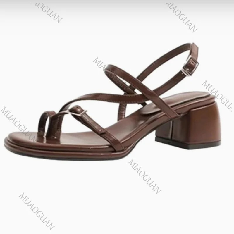 Sandals Designer New 2026 Dress Women Metal Decoration Ladies Narrow Band Buckle Thick Heels Female Shoes Outside Party Clip Toe