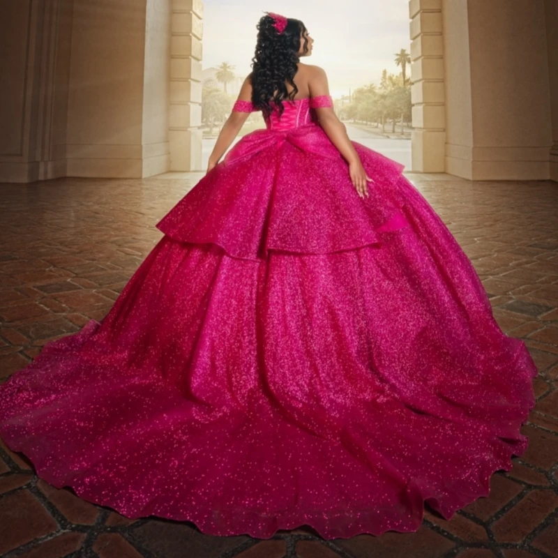 فساتين Quinceanera باللون الأحمر الوردي اللامع قبالة الكتف مطرز بالخرز كريستال القوس تول مشد حفلة عيد ميلاد الحلو 16 فستان Vestidos 15 De #4