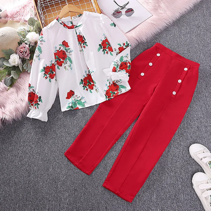 

Kids Casual Clothing Sets Outfits for Girls 2024 Spring Autumn New Fashion Children Red Rose Floral Print Tops Long Pant 7-14Y