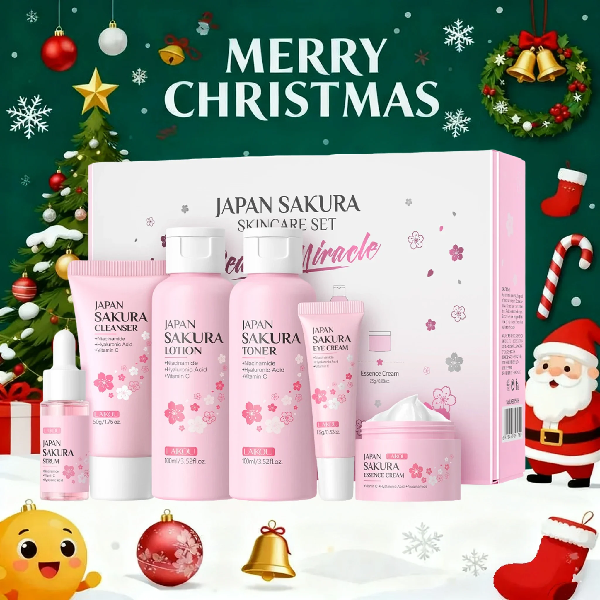 Sakura 6-Piece Skincare Gift Set for Autumn & Winter Deeply Hydrating Cleanser Toner Lotion Serum Eye Cream Essence Cream