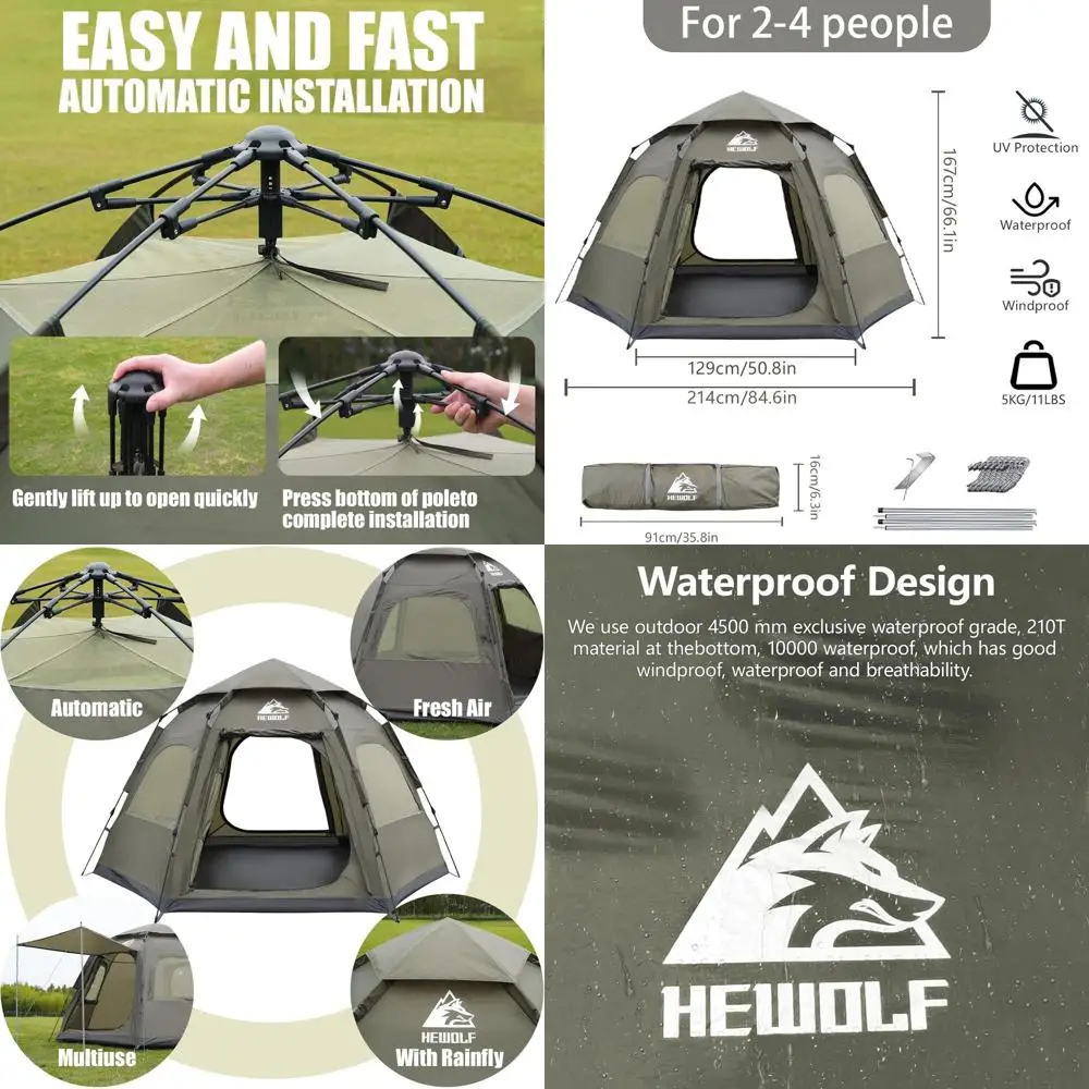 

3-Person Pop-Up Waterproof Tent with 2 Doors, Easy Setup, Hexagonal Design for Camping, Hiking & Travel