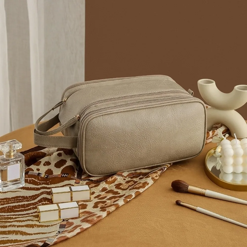 

Double Zipper PU Leather Cosmetic Bag Waterproof Multifunction Makeup Pouch Bag Toiletries Organizer Handbag Travel Wash Bag