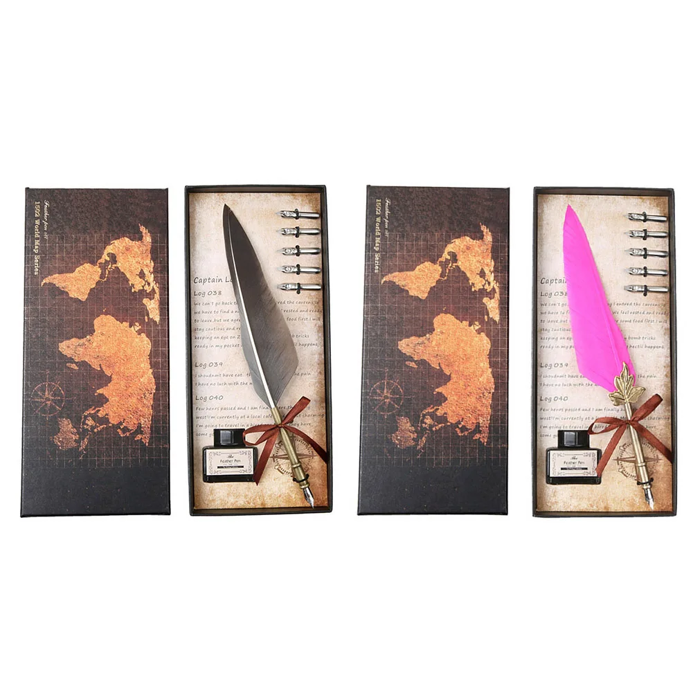 

Feather Dip Pen Dipped Fountain Pen 5 Stainless Steel Nibs Calligraphy Quill Pen with Ink Bottle for Stationery Gift