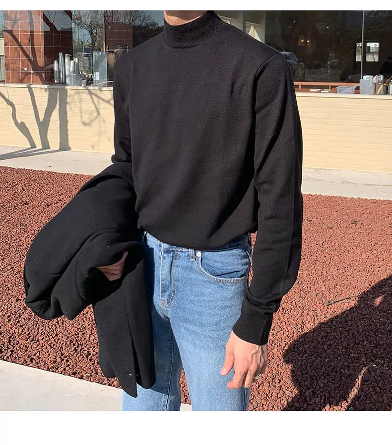 Half-turtleneck Sweater for Men, Long-sleeved Korean Style Trendy Knitted Sweater with Bottoming Shirt, Hong Kong Style Casual