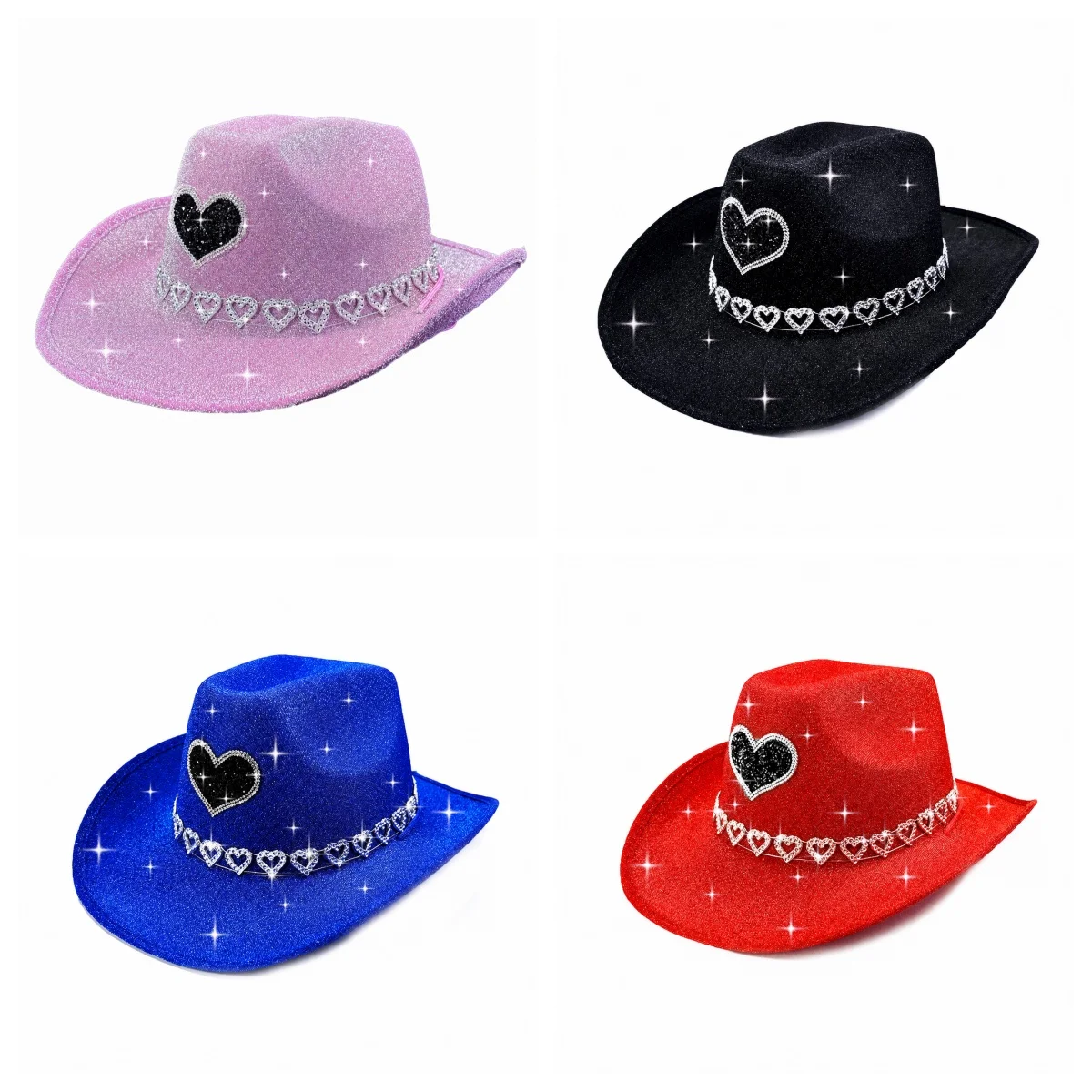 Wide Brim Cowboy Hat Hand Embroidered Sequin Cowboy Hat Acrylic Cowboy Hat Heart Rhinestone For Themed Events Daily Outings