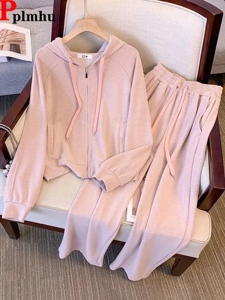 

Women Casual Loose 2 Piece Sets Korean Fashion Zipper Hoodies Tops Conjuntos Spring Fall High Waist Wide Leg Sweatpants Outfit