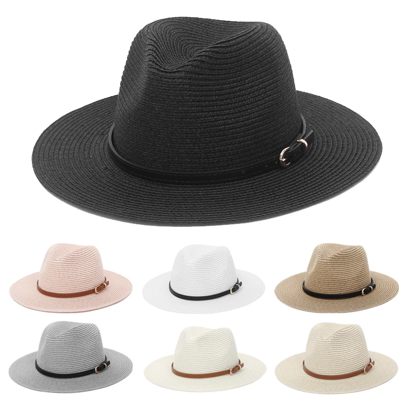 Sommer-Sonnenhut mit breiter Krempe für Damen und Herren, Outdoor, Reisen, Strand, Papierstrohhüte mit schwarzem Ledergürtel