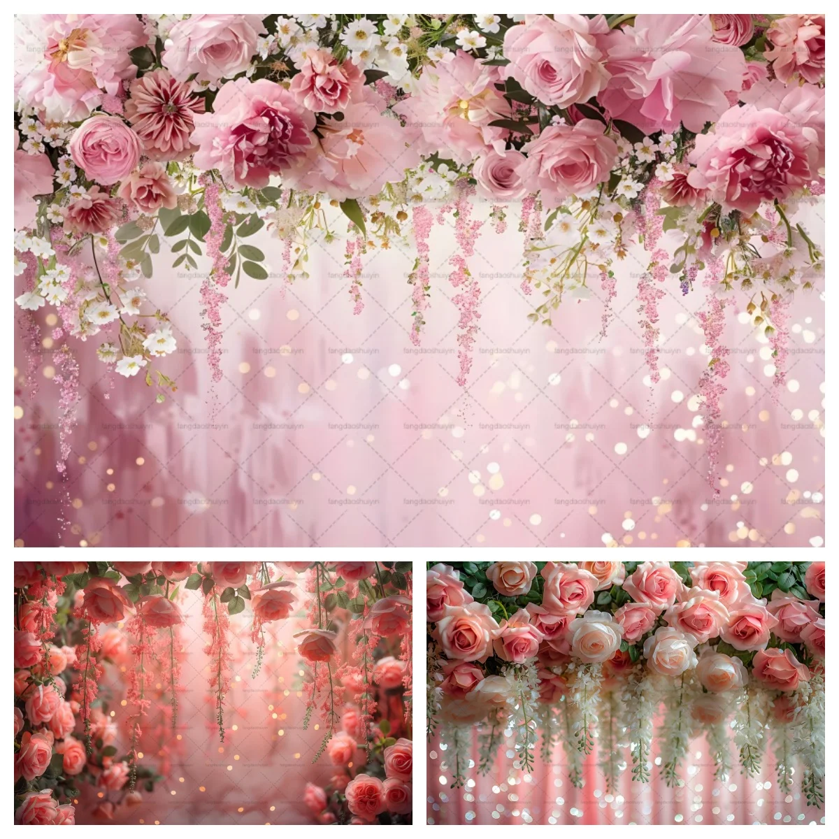 

Pink Floral Flower Wall Backdrop Wedding Bridal Shower Marriage Ceremony Girls Baby Portrait Photography Background Photo Studio