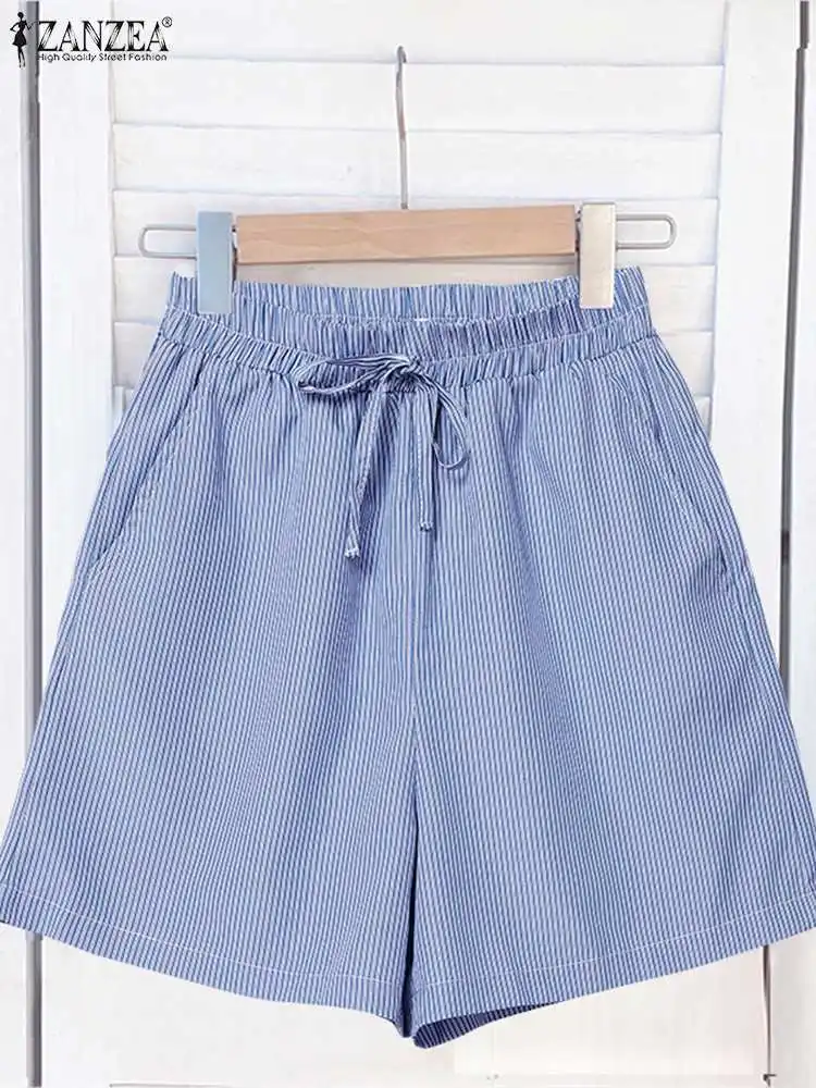 Women Striped Shorts Korean Fashion Elastic Waisted Drawstring Bottoms ZANZEA Casual Loose Short Pants Holiday Colorblock Shorts