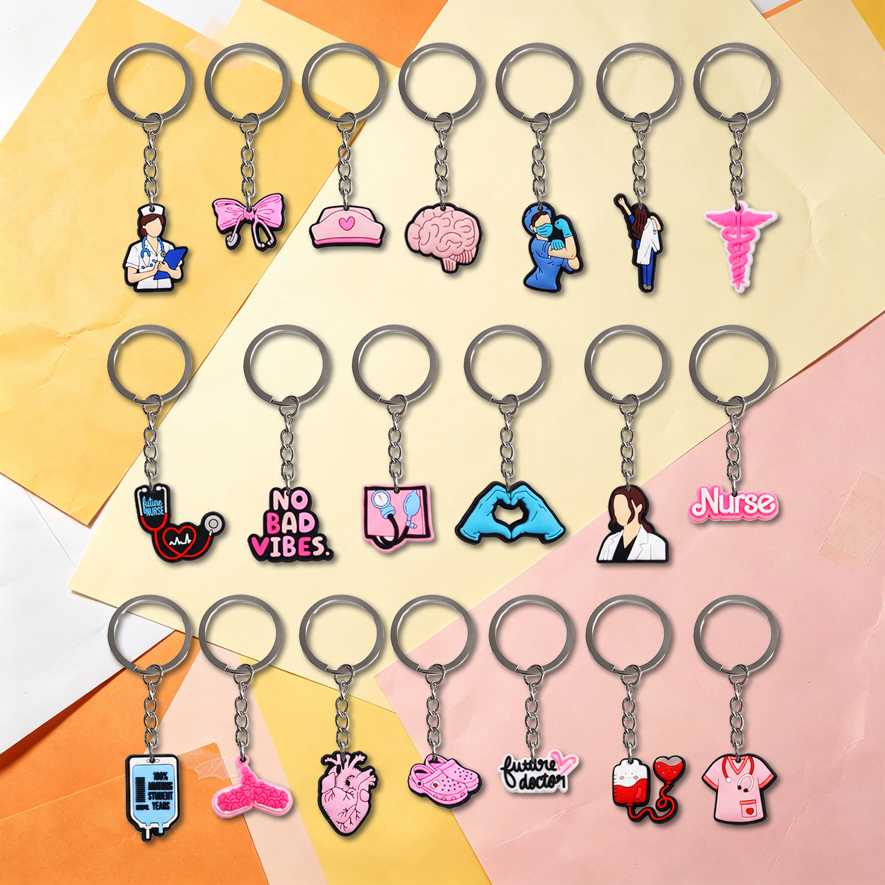 1-20Pcs Doctor Nurse Stethoscope Brain Pvc Keyrings Holder Organizer Bag Charms Car Keychain Pendant for Key Control Party Gift