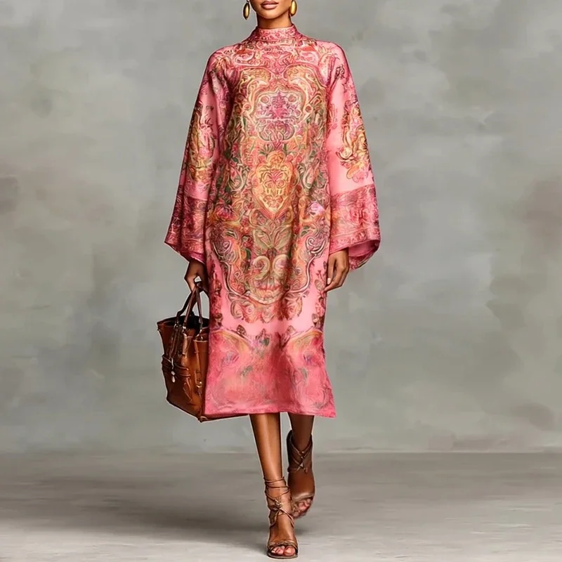 Vintage Ethnic Pattern Print A-Line Party Dress Woman Spring Elegant O Neck Long Dresses Autumn Flare Sleeve Bohemian Maxi Dress