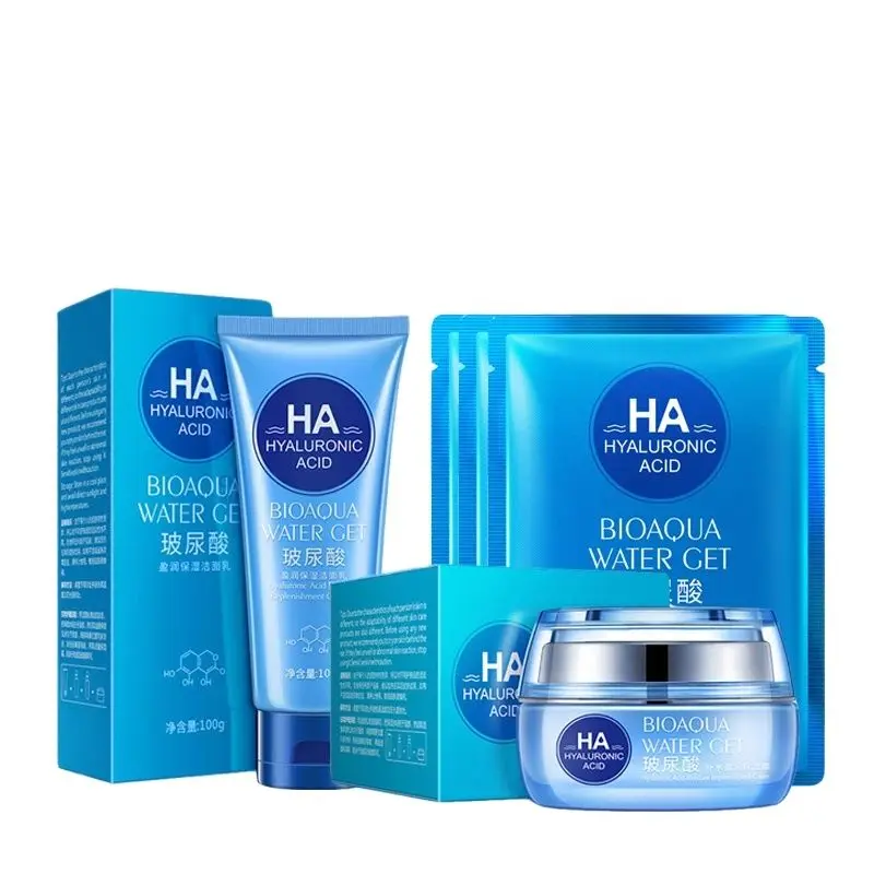 BIOAQUA 3*Face Mask &Hyaluronic acid Face Cream & Facial Cleanser Anti Wrinkle Anti Aging Skin Care Product Facial Skin Care Set