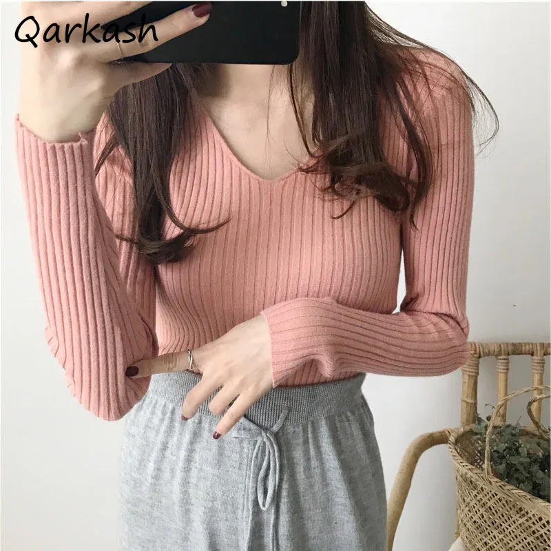 Basic Women Pullovers Solid Colors V-neck Inside Slimming Tender Long Sleeve Autumn Knitting Casual Comfortable Skin-friendly