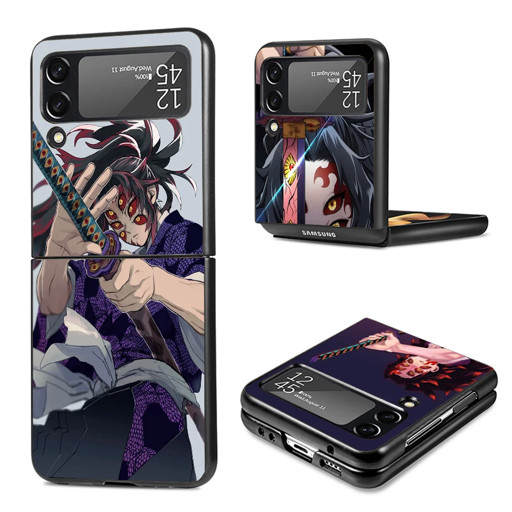 Demon Slayer Kokushibo Hard Black Cover for Samsung Galaxy Z Flip 4 3 5 5G Phone Case Flip4 Flip3 Flip5 Pattern Luxury Shockproo