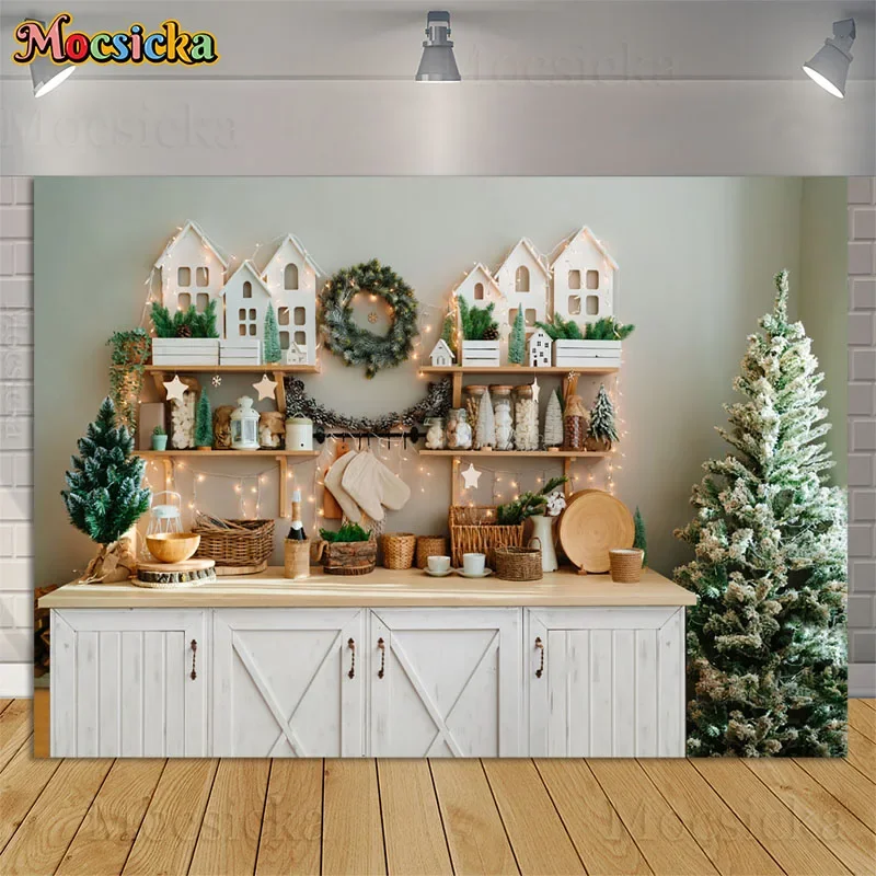 Fondo de Fotografía Navideño para Cocina, Retrato Familiar Infantil, Photocall, Árbol de Navidad, Armario, Fondo Decorativo para Estudio Fotográfico