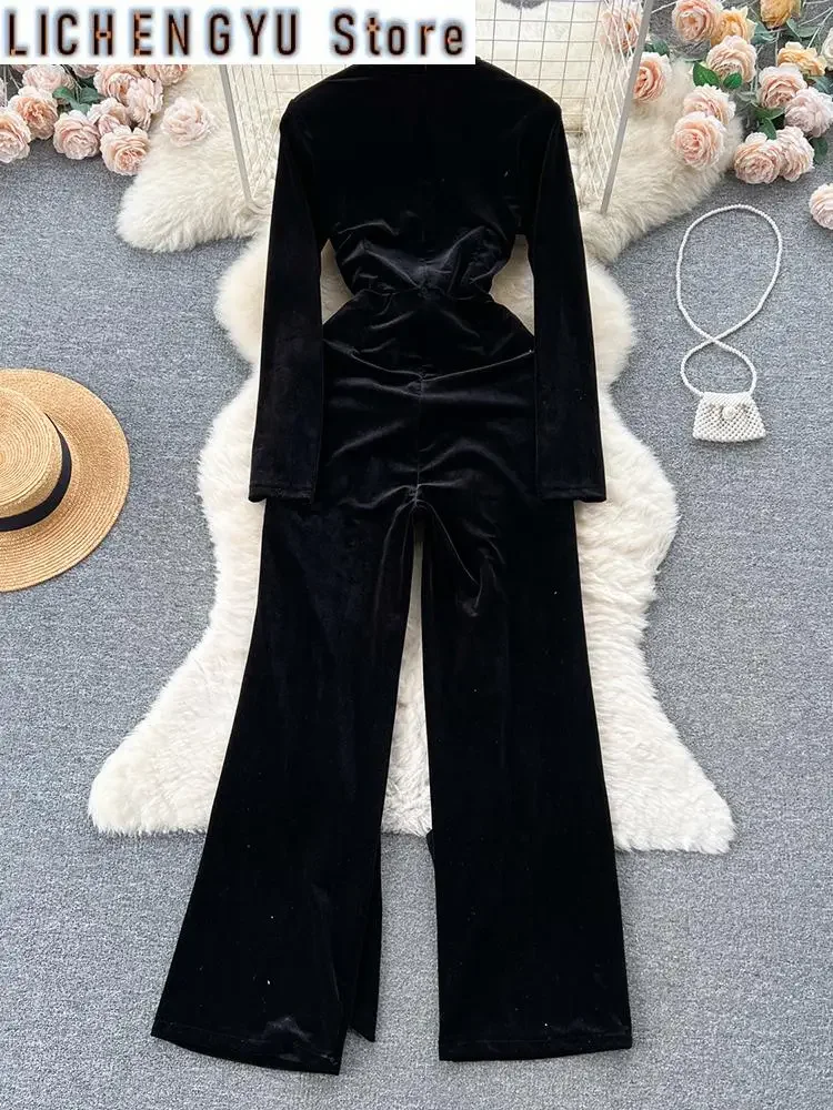 New Elegant Style Chic Jumpsuit Women V-neck Velvet Bandage High Waist Solid Color Jumpsuit Winter Spring