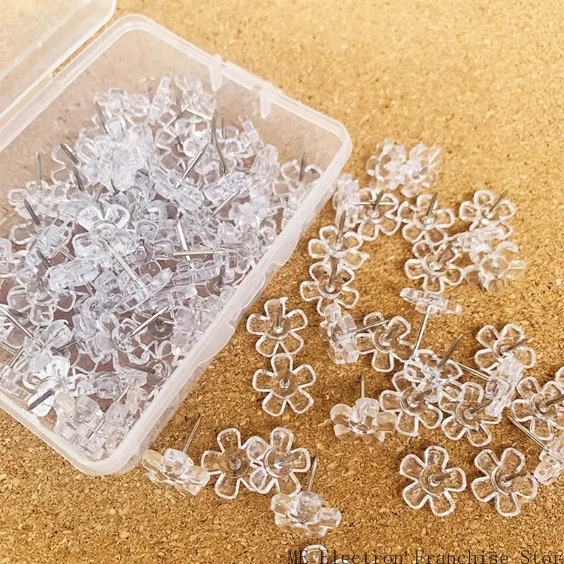 T5EA 100pcs 명확한 꽃 머리 푸시 핀 장식 썸 사진을위한 엄지 압정