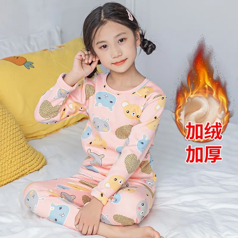 2 to 15Y Children Thermal Underwear Set Fleece Single-layer Boys Girls Winter Clothes  New Baby Cartoon Warm Pajamas Suit