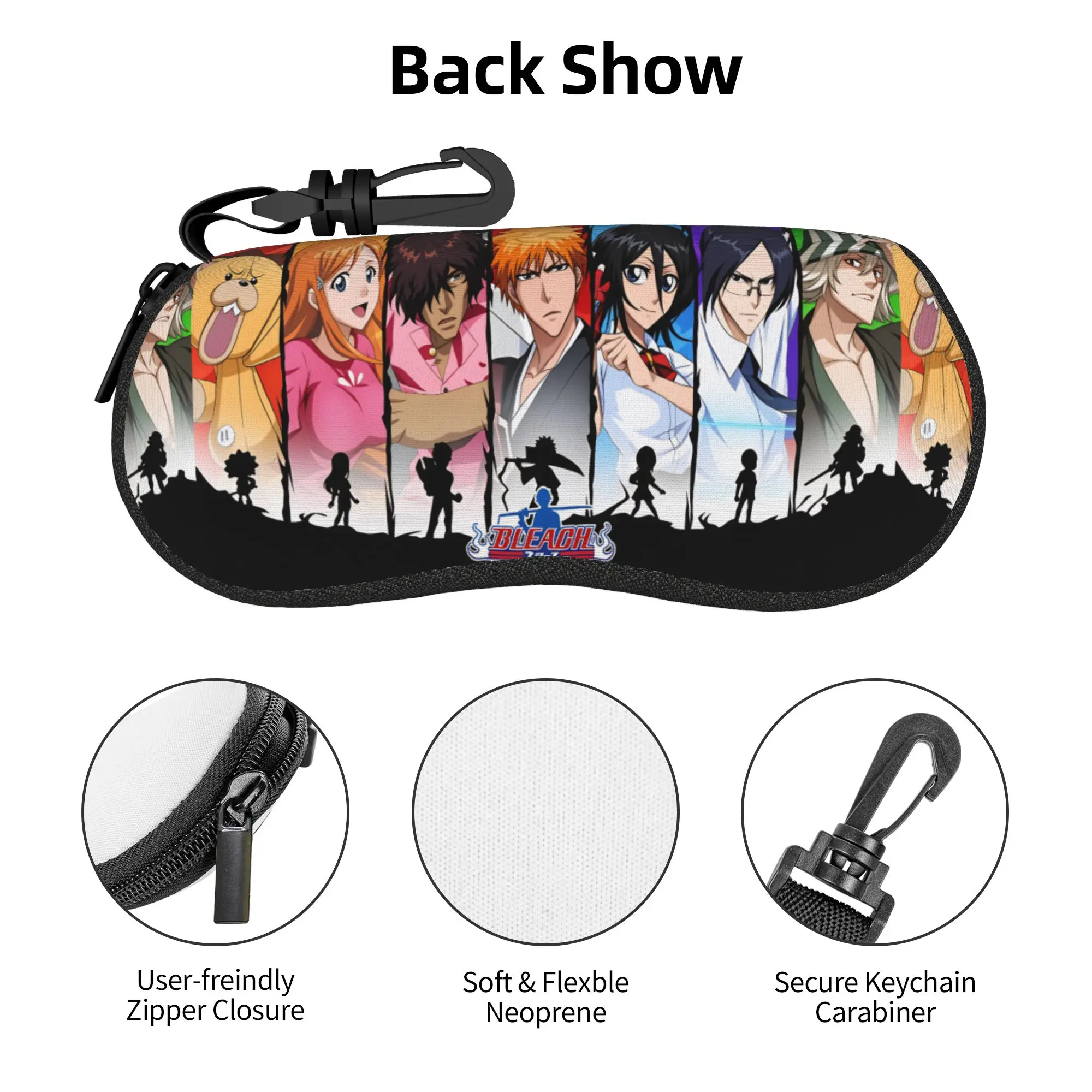 Kon Bleach Orihime Inoue Ichigo Kurosaki Óculos de sol com capa macia de neoprene com zíper, caixa protetora para óculos