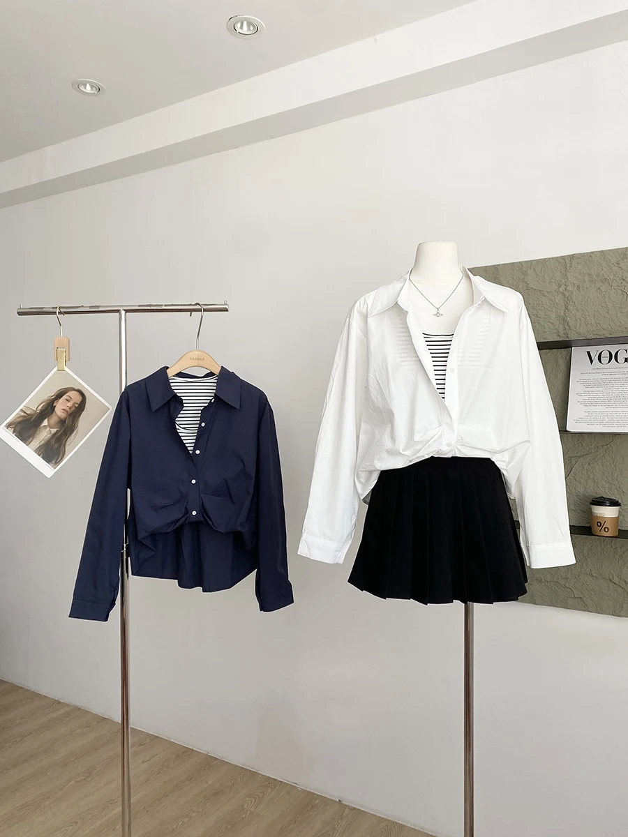 

Korean Style Long Sleeve Loose Women's Shirt Fashion Design Slimming Versatile Top Spring 2026 New Arrival Two-Piece Look