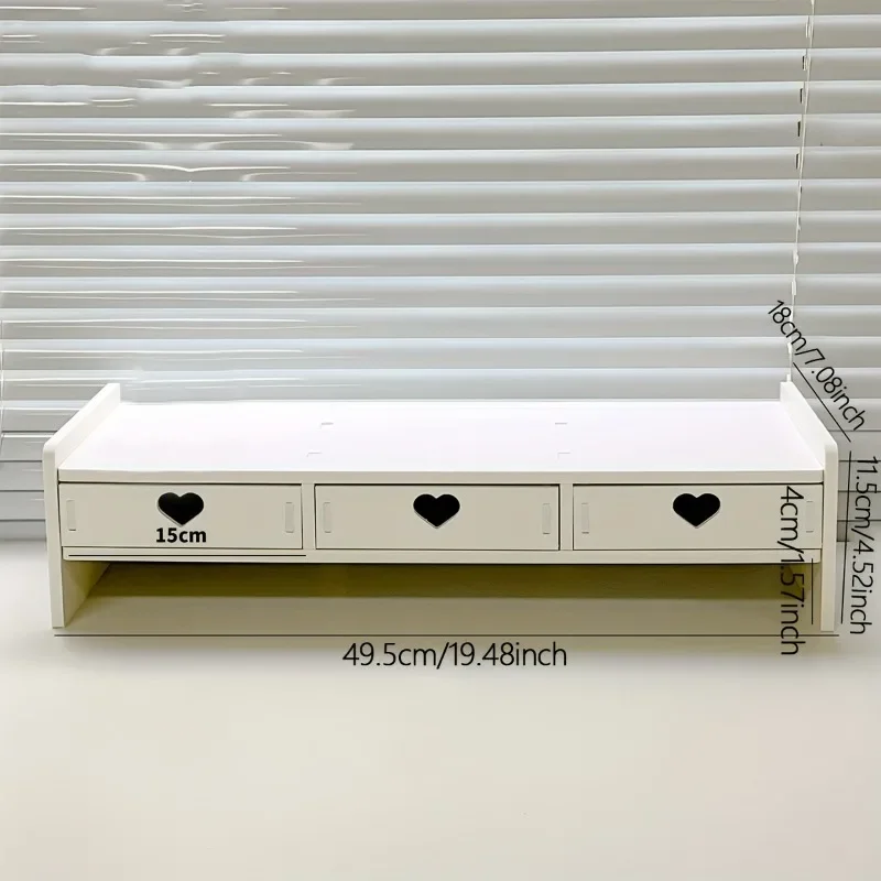 Wooden Heart-Shaped 3-Drawer Desktop Organizer Laptop Stand Space-Saving Storage Keyboard Heightening Base Home Office Monitor