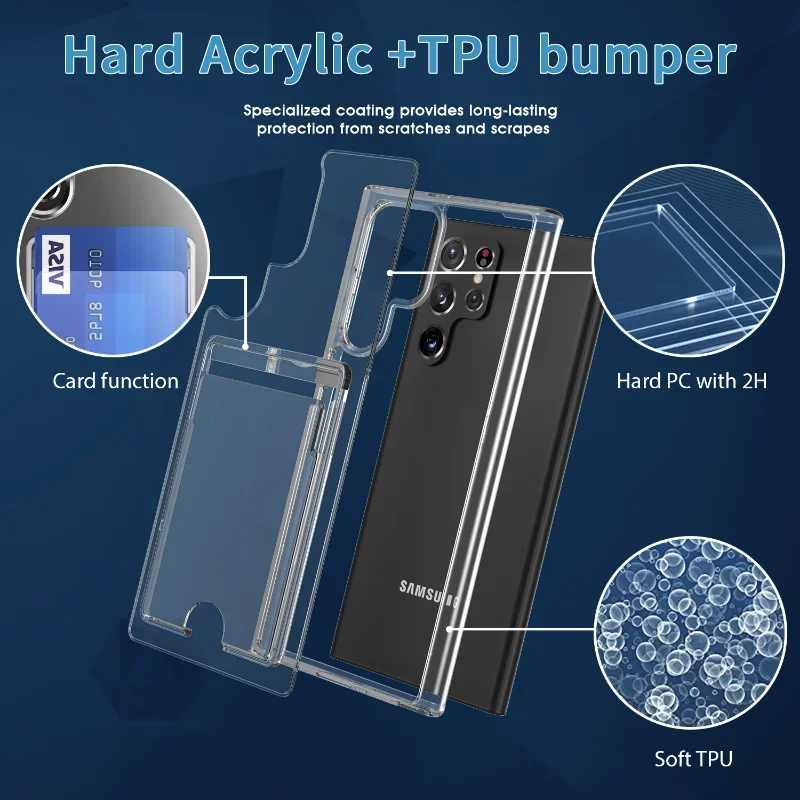 Card Slot Holder Wallet Transparent Case For Samsung Galaxy S24 S23 S22 S21 S20 Note 20 Ultra 10Plus Shockproof Clear Hard Cover