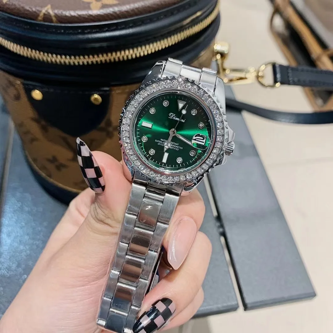 Metallic CD Face Popular Green Watches for Women Full Steel Bracelets Watches Shining Zircons Crystals Wristwatch Calendar Reloj